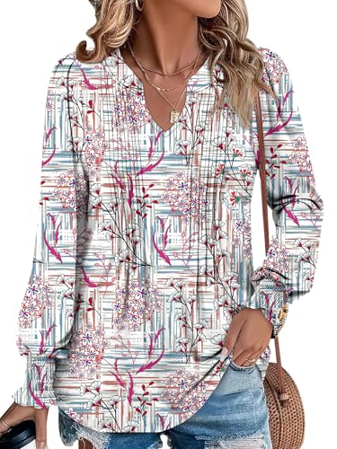 BETTE BOUTIK Long Sleeve Shirts for Women Fall Tops Dressy Blouses Pleated V Neck Tunic Tops for Leggings S-3XL