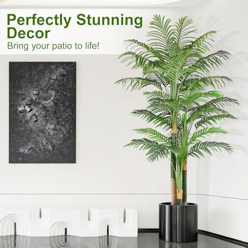 Image of 7ft Tall Triple Golden Cane Palm Artificial Tree Large Tropical Palm Tree UV Resistant Fake Plant in Pot for Indoor Outdoor Big House Living Room Outside Patio Office Home Decor 1Pack