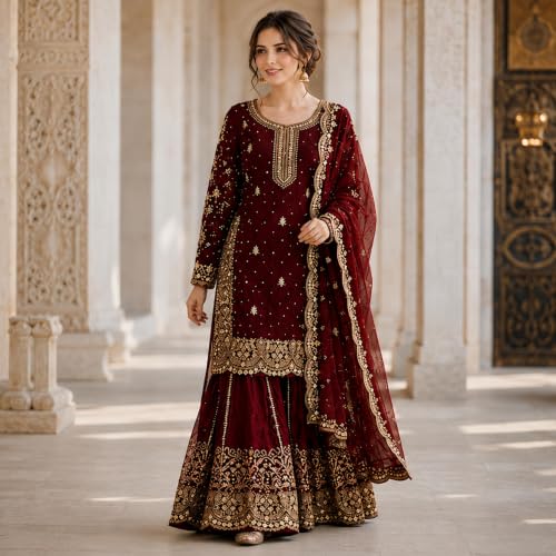 Image of Women's Ethnic Plazzo Suit Set with Kurta & Dupatta | Fendy Fabric Embroidered Kurta Set | Round Neck 3 /4 Sleeve Dress | Elegant Outfit