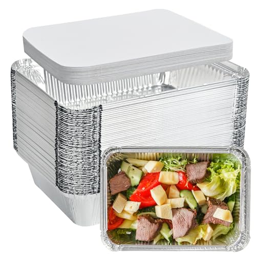 GladValue Aluminum Foil Pans with Lids 50 Pack 2.25L Disposable Loaf Pans 8.6”x6.1” Heavy Duty Tin Trays with Cardboard Lids for Baking, Cooking, Take Out, Freeze, Meal Prep