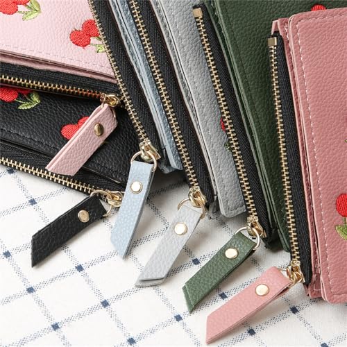 Cute Cherry Embroidered Wallet Small Bifold Coin Purse Cherry Print Zipper Around Credit Card Holder RFID Blocking (Black)4