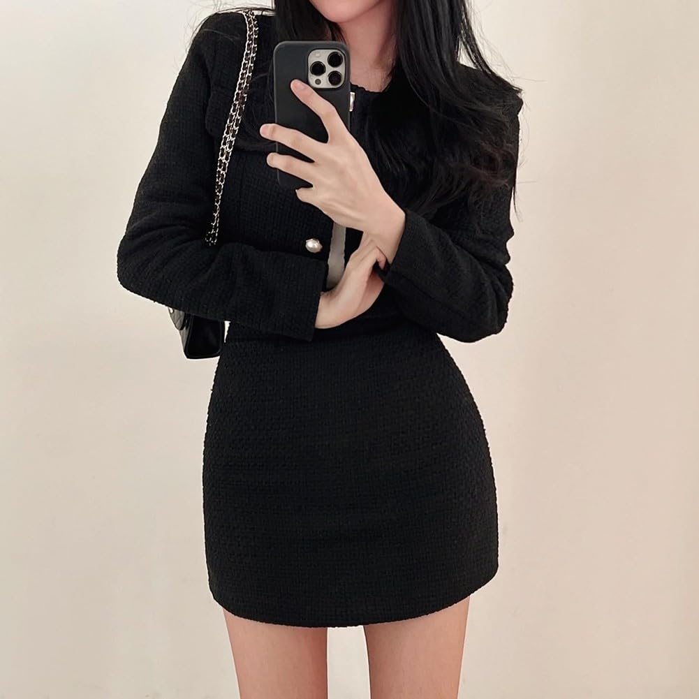 Whychstore Damen Herbst-Tweed-Jacke mit Perlenknöpfen und Aline-Rock, 2-teiliges Set, eleganter Anzug für lässige Ausflüge