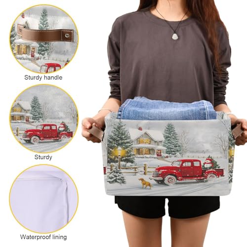 Image of Red Truck Christmas Storage Basket Bin Xmas Tree Winter Snowman Fabric Storage Box Cube with Handles Kids Toys Hamper Closet Shelves Basket Organizer for Bedroom Nursery Home Decorative