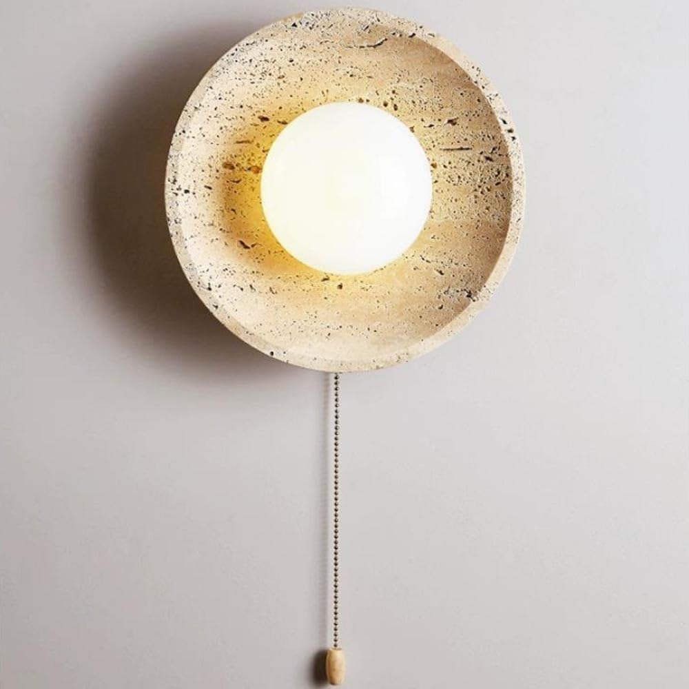 SXSCARKX Creative Round Wall Sconce, Japanese Style Mounted Lights, G9 Natural Travertine Lamps with Milky Glass Shade for Bedroom Living Room Dinning Aisle