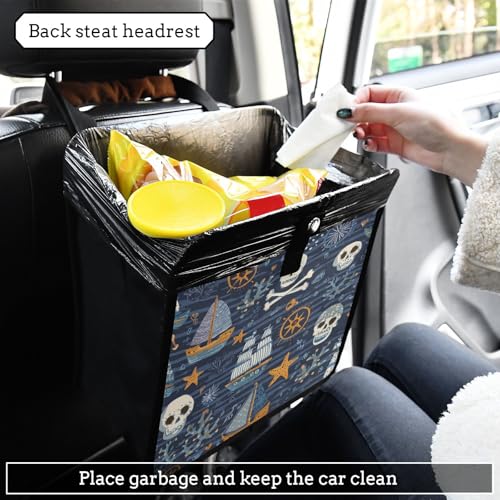 Image of Car Trash Can Organizer Bin with Adjustable Strap for Back Front Seat Console Waterproof Leakproof Collapsible Portable 11 Inch Blue Pirate Skulls Sailboats Starfish and Compass
