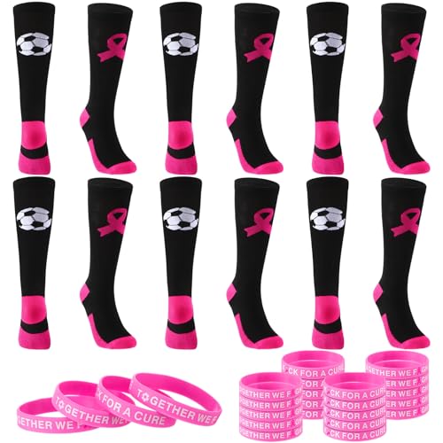 Ramede 6 Pairs Breast Cancer Awareness Crew Socks with 24 Pink out Ribbon Bracelets for Cheer Youth Sport Team Support