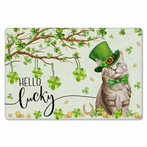 St. Patrick's Cat Kitchen Bath Door Mat Cushioned Runner Rug,Washable Welcome Floor Sink Antifatigue Mat,Waterproof & Non-Slip Comfort Standing Doormat,Spring Green Plant Tree Watercolor 18
