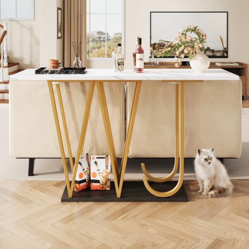 Table à manger étroite 120 x 29,5 cm avec aspect marbre, table de cuisine peu encombrante pour couloir, balcon, pieds en métal doré et plateau de fond noir, blanc/doré