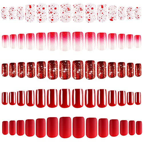 120 Pieces 5 Sets Medium Square Press on Nails Matte Ballerina False Nails Solid Color Fake Nails Glitter Artificial Nails Tips Full Cover False Nails for Salon Home Nail Art DIY (Wine Red)