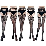 AioTio 5 Pares de Liguero Atractivo de las Señoras del Cordón, Calcetines del Muslo de la Correa de Liga de las Señoras de la Rejilla (Negro, 5 Pares)