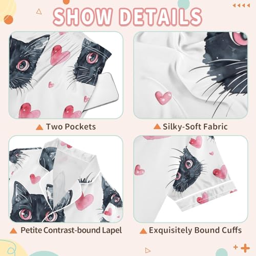 senya Cat Face and Pink Hearts Satin Summer Pajama Sets Silk Short Sleeve Button Down Sleepwear3