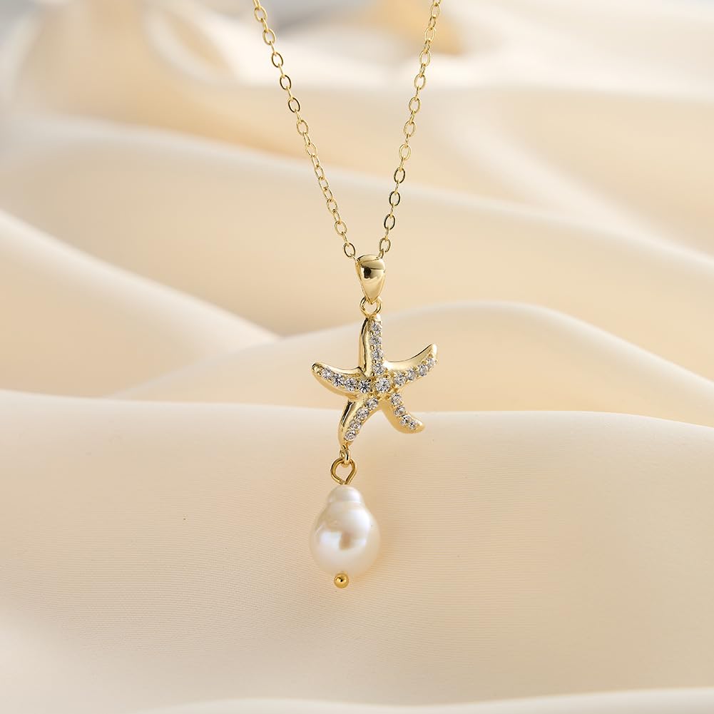 Delicado collar con colgante de estrella de mar de oro, océano para mujer, perlas chapadas en 14 quilates, joyería bohemia hecha a mano para playa de verano
