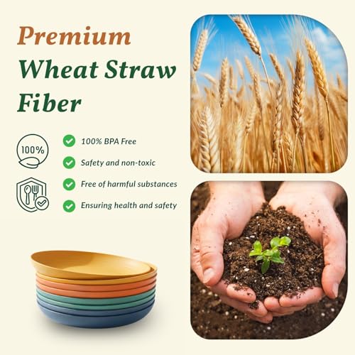 Image of Homienly 10 inch Wheat Straw Dinner Plates Set of 8 - Alternative to Plastic, Microwave & Dishwasher Safe, Unbreakable Kids Plates with 4 Colors (Classic Bright)