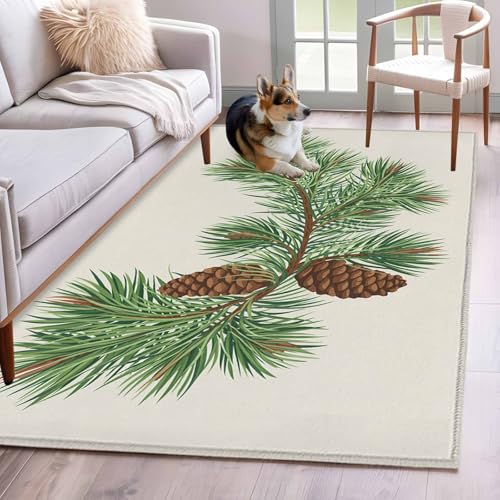 Rectangle Area Rug 3x5ft, Christmas Green Leaves Pine Cone Non