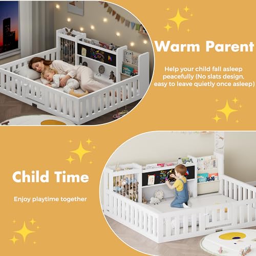Montessori Wood Toddler Floor Bed with Blackboard & Bookshelf (White Full) - image 4