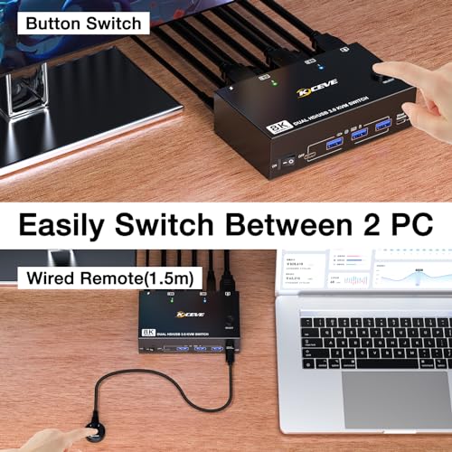 Image of 8K HDMI KVM Switch 2 Monitors 2 Computers 8K@60Hz 4K@144Hz,MLEEDA USB 3.0 Dual Monitor KVM Switch for 2 Computer Share 2 Monitor and 4 USB Devices,Wired Remote,12V Power Adapter and USB Cable Included
