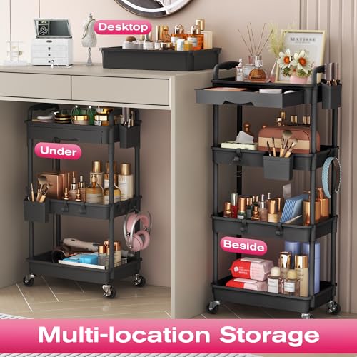 Image of Goovilla Rolling Makeup Organizer Cart with Removable Drawer, 3 Tier Stable Black Floor Skincare Storage Cart for Vanity, Cosmetic Display, Nail Polish, Perfume, Hair Stuff, Beauty, Bathroom(Plastic)