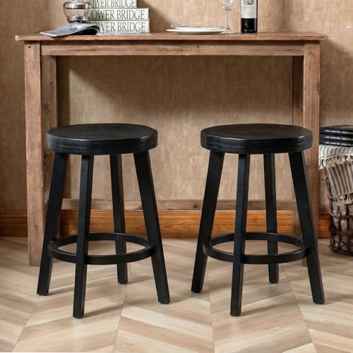 Image of Black Barstools Set of 2, 24 inch Counter Height Bar Stools with Wood Leg, Vintage Backless Stool for Kitchen Island, Bar Chairs with Round Seat
