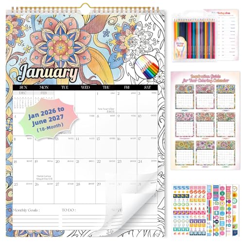 Ospelelf Wall Calendar 2026 - 2027 Hanging Coloring Calendar 12'' x 17'', Monthly Kids Calendars Planner with Plastic Cover, 18 Month Doodle Calendar for Family, Office, Use Jan 2026 - June 2027, Floral