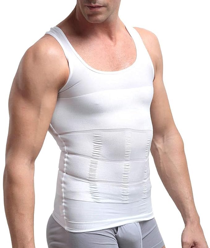 Men’s Body Shaper Slimming Shirt Tummy Vest Thermal Compression Base Layer Belly Buster Underwear Slim Muscle Tank Top Shapewear (White)- Free Size