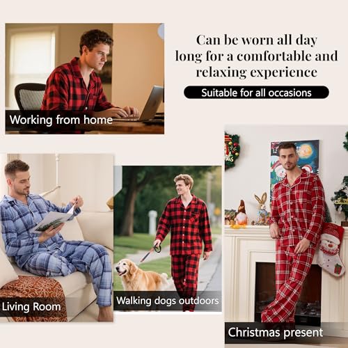 Vulcanodon Mens Pajama Set Soft Button Down Classic Lapel Comfy Long Sleeve Pajamas for Men Lounge Plaid Pjs Set with Pockets4