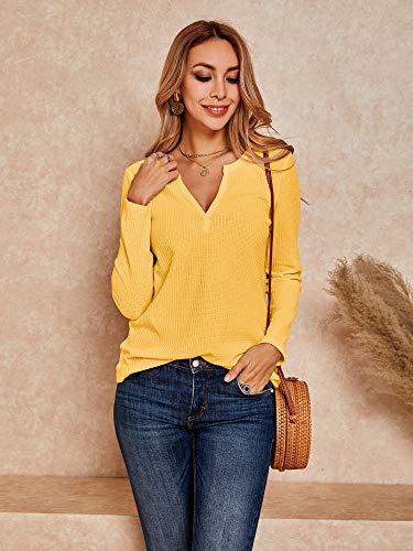 Dellytop Womens V Neck Waffle Knit Shirts Long Sleeve Loose Fitting Warm Tee Tops Sweaters Pullovers3