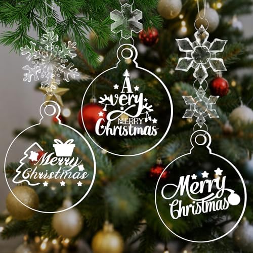 30Pack Acrylic Ornament Blanks, 3''Clear Acrylic Christmas Hanging Ornaments with Crystal Snowflakes for DIY Christmas Ornaments Xmas Tree Winter New Year Hanging Decor