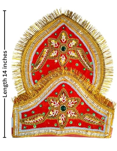 Image of BookMyCostume Traditional Red Mukut for Adults - Adjustable Crown with Pearl Work & Velcro Closure | Ideal for Ramleela, Goddess Costume & Fancy Dress Events