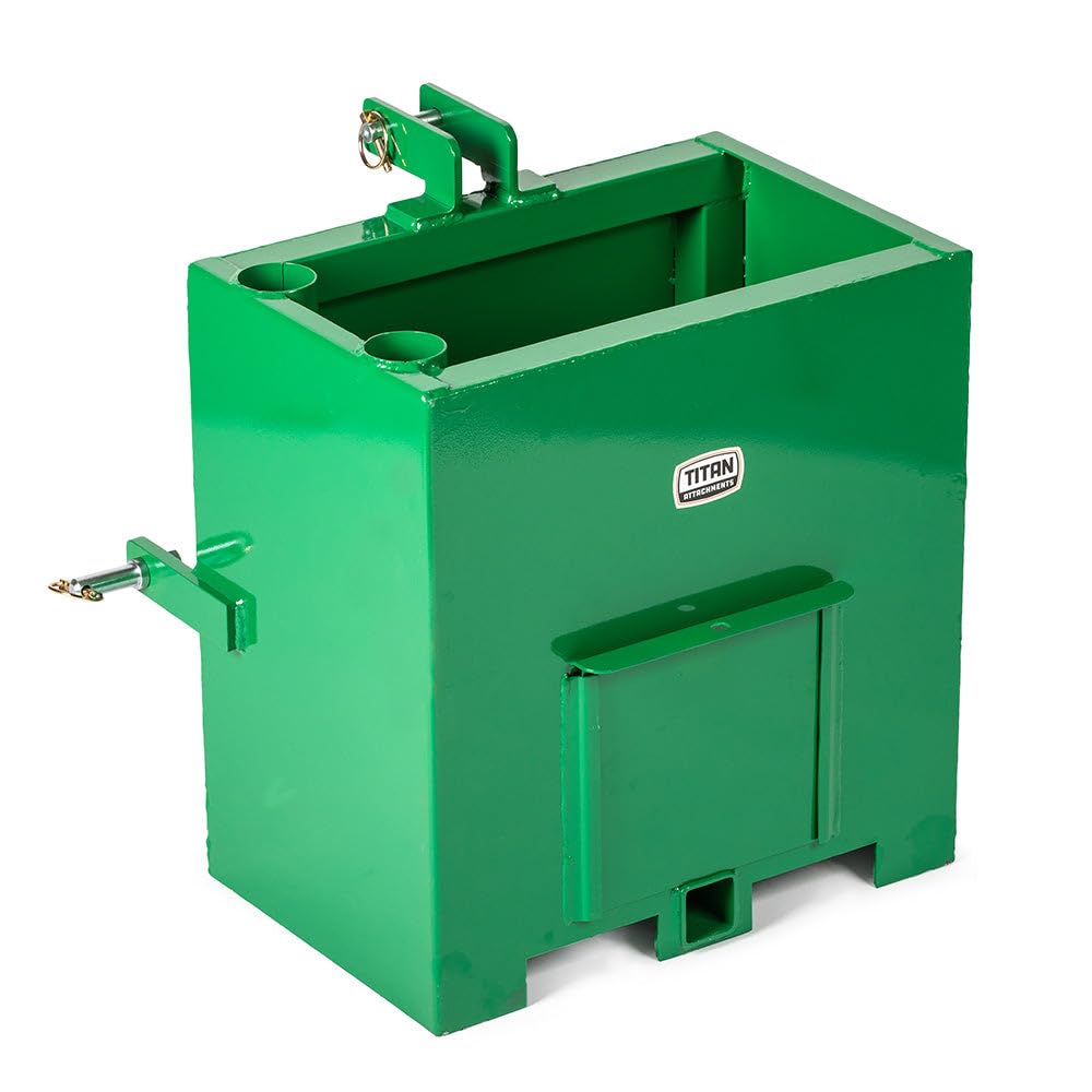 Titan Attachments 3 Point Green Ballast Box Fits Cat 1 Tractors, Rated 800 lb, 39.5 Gal Tractor Ballast Box, 5.3cu.ft Volume, 2" Hitch Receiver, Counterbalance Tractor Front Axel