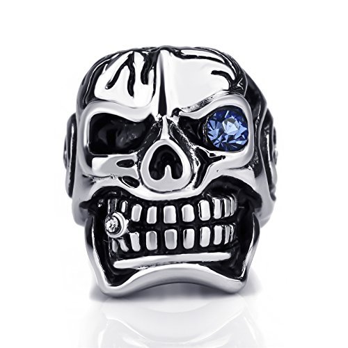 ELFASIO Men Skull Ring Blue Eye Cubic Zirconia CZ Stainless Steel Jewelry Size 14