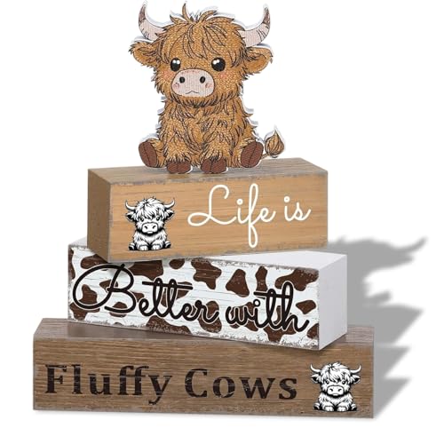 Komergave 4 Stück Highland Cow Deko Set, Home Decor, Holz Wohnzimmer Deko mit Hochlandrind Motiv,...