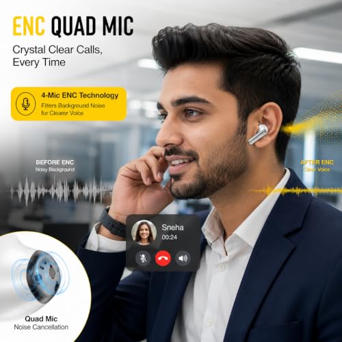 Image of J40 Wireless Bluetooth Earbuds with ENC Quad Mic, 40 Hours Playtime, Bluetooth 5.4, Deep Bass Sound, Touch Controls, Type-C Fast Charging, IPX5 Sweat Resistant TWS Earbuds (Silver Grey)