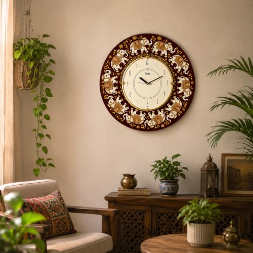 Image of Ajanta Quartz 16-Inch Round Wall Clock (41 x 41 cm) ? Premium Traditional Rajasthani Elephant Art Design | Decorative Ethnic Wall Watch with Tick-Tack Sound for Living Room, Home and Office