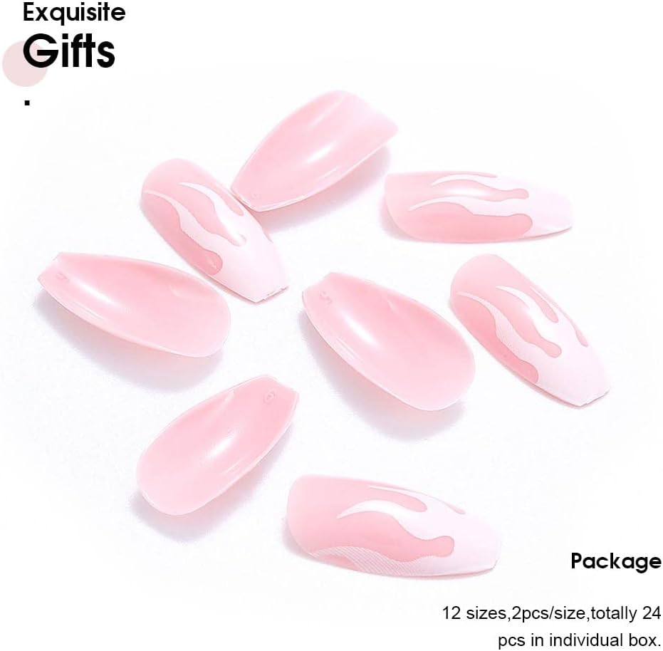 Vatocu Coffin False Nails Medium French Fake Nails Pink Falme Glossy Press on Nails Full Cover Ballerina Acrylic Stick on Nails for Women and Girls (24pcs) - Image 5