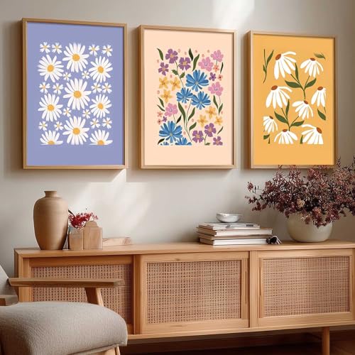 Image of kotart Home Decor Floral Painting Decorative Wall Art | Aesthetic Poster With Frame For Living Room Bed Room Hotel Wall Decor Digital Reprint Set of 3 (10X13 inch)