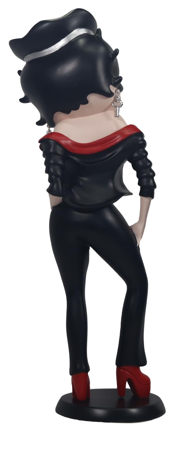 Middle-England Betty Boop Biker-Mädchen mit schwarzer Jacke mit rotem Rand, roten Stiefeln und Hut, handbemalte Polystein-Statue, dekoratives Ausstellungsstück