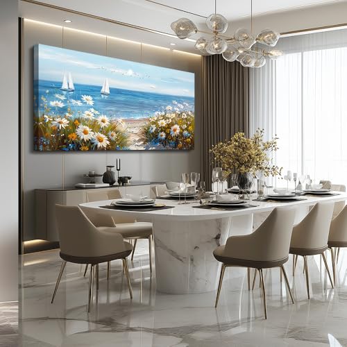 PHAOHUAXM Large Blue Ocean Landscape Canvas Printing Picture Wall Art For Living Room Farmhouse Dinin Mural White Flowers Bedroom Office Wall Decor Home Decor Painting Easy To Hang 30x60 Inches