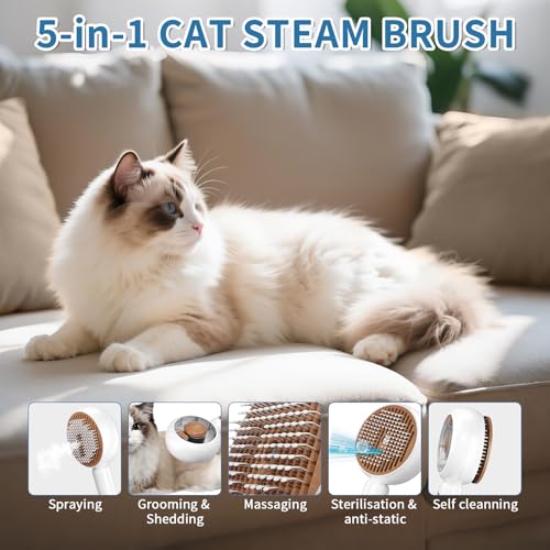 Image of Cat Brush 2 PCS 5 in 1 for Indoor Cat Dog Pet Fur Remover Tool for Shedding & Grooming Anti-Static Spray Hair Removal Comb with Release Button Long Short Hair Pet Dog Supplies-White&Brown