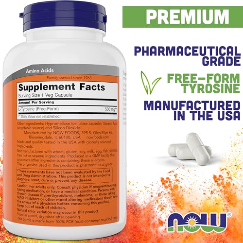 Image of NOW Foods L-Tyrosine 500mg, 300 Capsules (Pack of 2) - Non GMO Supplement - 500 mg Caps - Free Form Ltyrosine