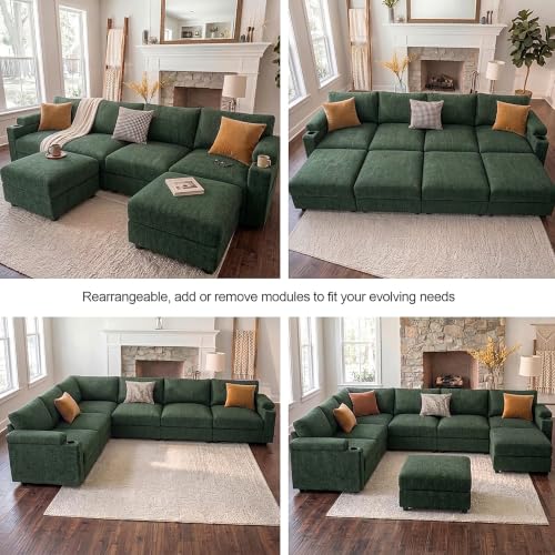 Image of Oversized Sectional Couches for Living Room Cloud Couch Chenille Sofa | Chaise Detachable Armrest Cushion FSC Certified U Shaped Convertible Modular Sleeper Sofa (Green, Large U Shape 8 Seat)