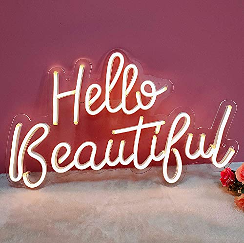 Hello Beautiful Warm White Neon sign Decorate Birthday Parties, Wedding, Anniversaries, St. Patrick's Day, Easter Day, Mother's Day, Father's Day, Children's Day, 12V Neon Signs with Dimmer for Home, Wall,,Bedroom Decor,FINMI(Power Ad