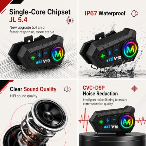 Image of Primate V10 Bluetooth Motorcycle Helmet Headset with HD Calling, HiFi Stereo Music, GPS Voice Navigation, IP67 Waterproof, Long Battery Life, Noise Reduction, Open Face Helmets, Smartphones Compatible