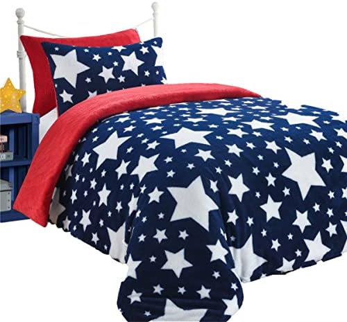 Rohi Kids Teddy Fleece Stars Duvet Cover Set - Navy Blue & Red, Single Duvet Cover with Pillow Case | 1X Single Bed Duvet Cover 137 x 200cm | 1X Pillow Case 50 x 75cm