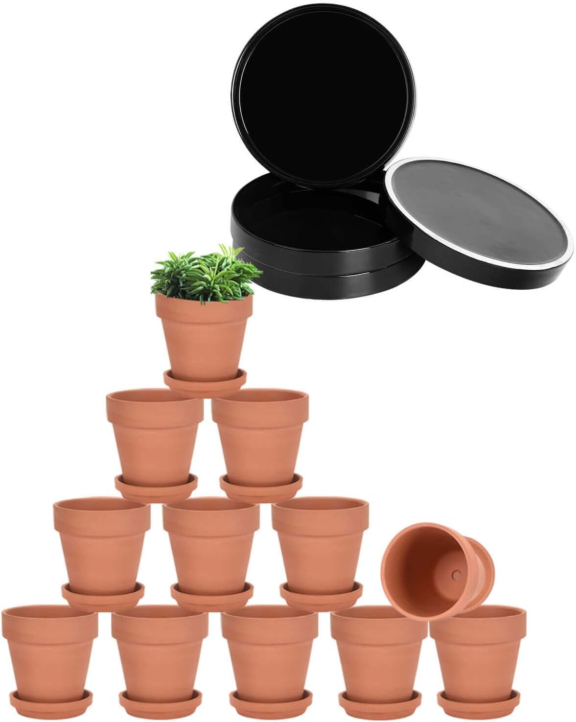 vensovo Large Ceramic Plant Saucer and Terra Cotta Pots with Saucer - 4 Pcs 7 Inch Black Ceramic Plant Tray for 12 Pack 3 Inch Clay Pot with Drainage Hole and Great for Indoor or Outdoor