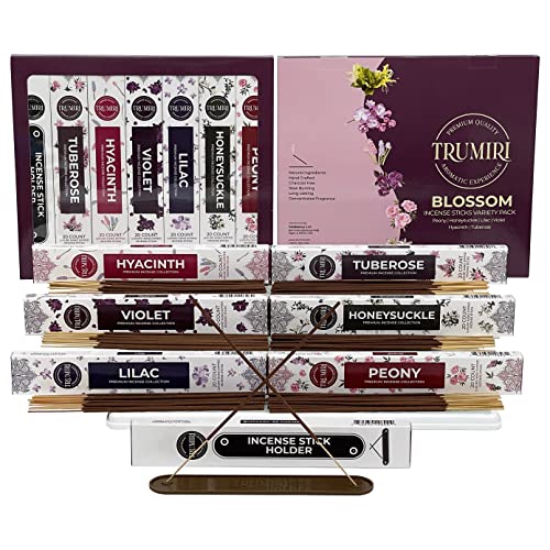 Blossom Incense Kit Variety Pack & Incense Holder - Gift Set - 120 Inciensos Aromaticos (6 Fragrances X 20 Count Each) - Peony Honeysuckle Lilac Violet Hyacinth Tuberose - Natural Organic Non-Toxic #TOP12
