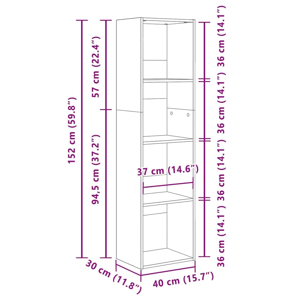 Bücherregal Schwarz Eichen-Optik Holzwerkstoff 40 x 30 x 152 cm Standregal mit 4 Regalböden und Stauraum, vielseitiges Regalsystem für Wohnzimmer Schlafzimmer Büro Ablage und Deko