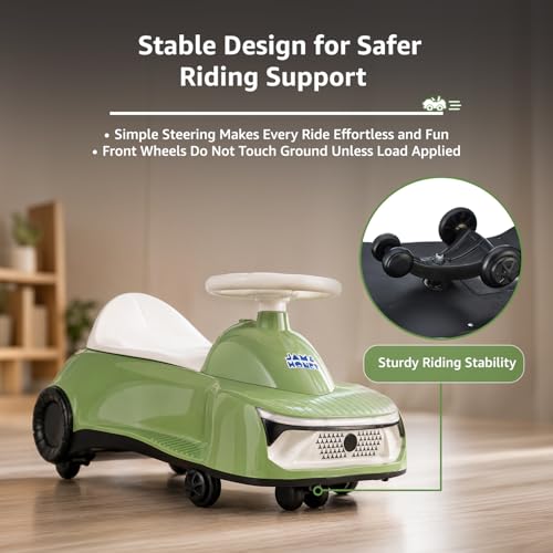 Image of Amazon Brand - Jam & Honey Ride-On Swing Car for Kids 12 Months+ | Premium Design with Stable Overhang Base | PU Wheels | Supports up to 100 kg | Indoor & Outdoor - Green
