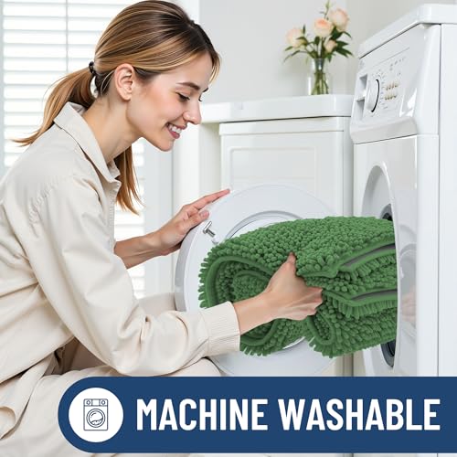 Smiry Luxury Chenille Bathroom Rugs 24x16, Extra Soft and Absorbent Shaggy Bath Mat, Machine Washable, Non-Slip Plush Carpet Runner for Tub, Shower, and Floor, Home Decor Accessories, Olive Green