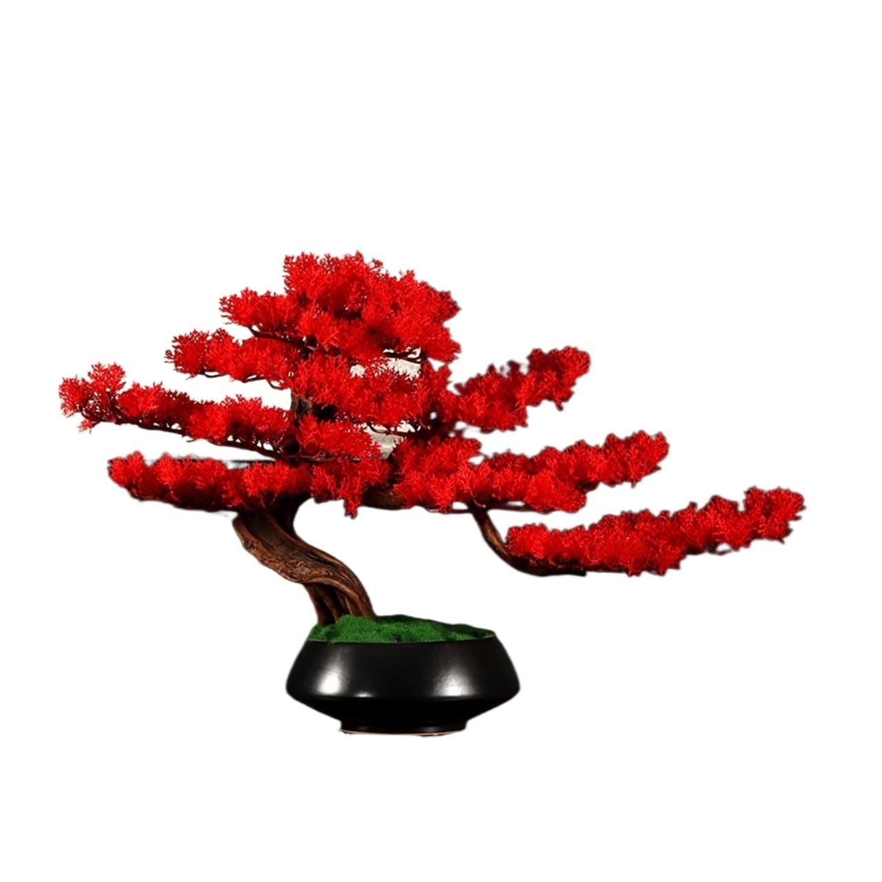 Bonsai Artificiale, Albero Bonsai Finto, 21 Pollici, Bonsai Artificiale di Pino con Tronco Realistico, Decorazione con Piante Finte, in Vaso Nero, Bonsai Finto Rosso