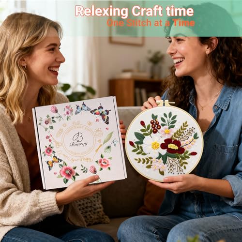 Image of Bonroy 4 Sets Embroidery Set for Beginners Art Crafts Easy Sewing Includes Embroidery Clothes with Pattern, Hoop, Instruction Manual, Color Stitch Set (Assorted 1)